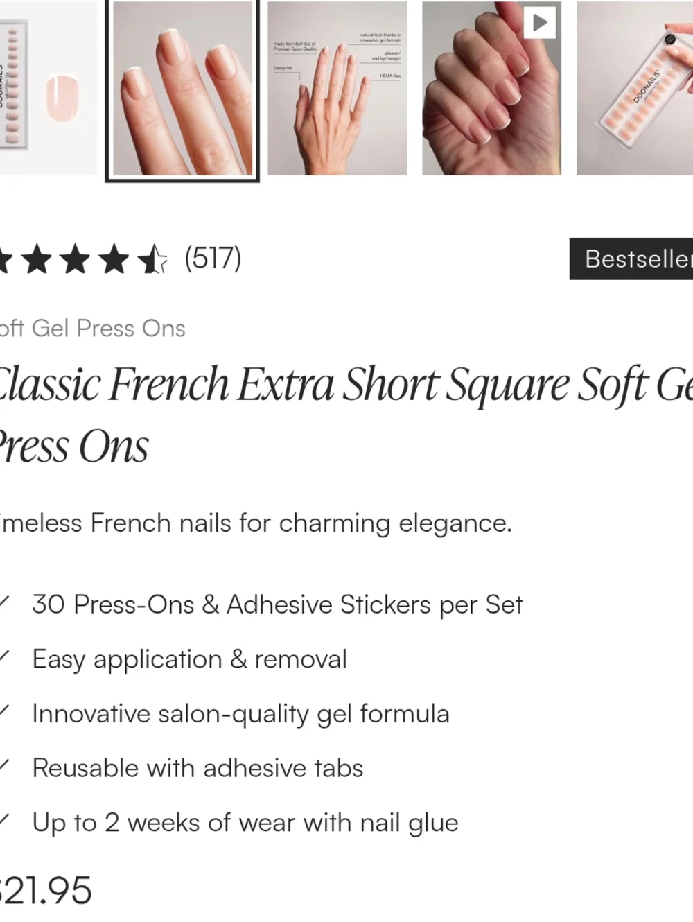 Doonails Reusable Gel Press-On Nails Set in "Classic French Extra Short Square" - Picture 4 of 13